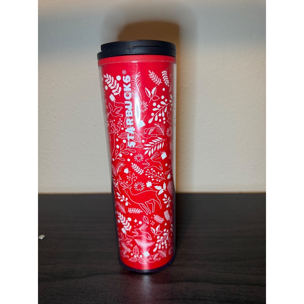 Starbucks Red Holiday Reindeer Fox Woodland 16oz Acrylic Travel Tumbler Cup